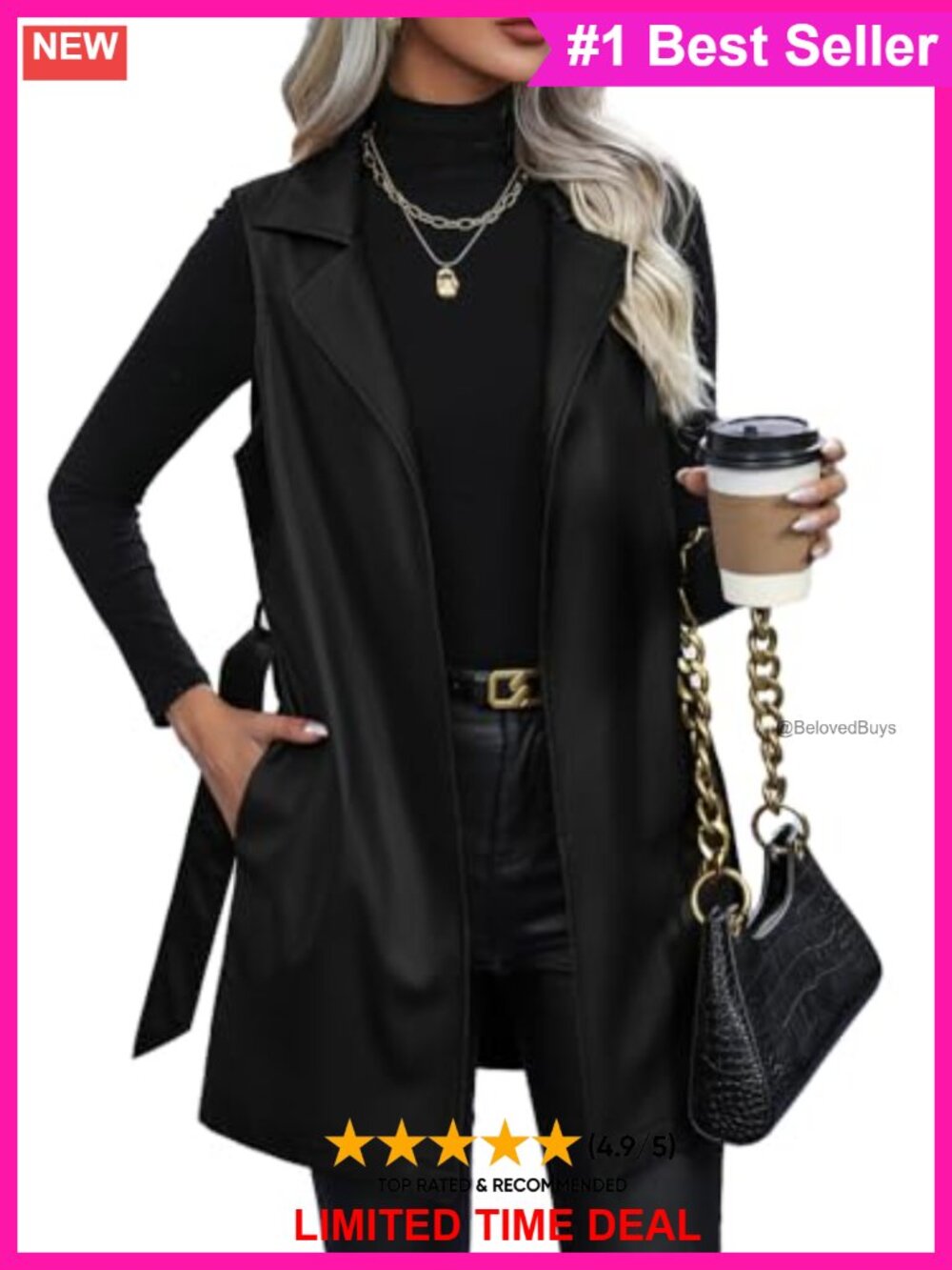 Faux Leather Sleeveless Long Vest Open Front Belted